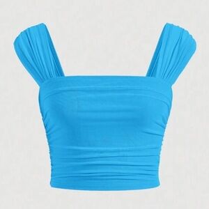 (3 for 15) Solid Ruched Crop Wide Straps Top / blue / size S